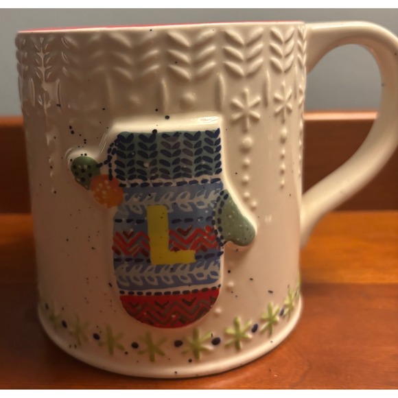 Anthropologie Other - Anthropologie Letter L Mitten Mug Cream Red Speckled Holiday Christmas Gift‎